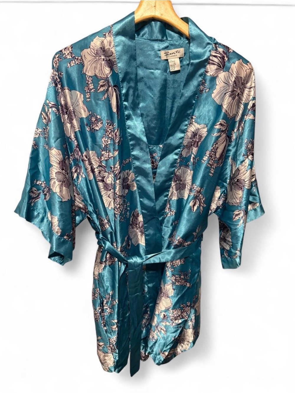 Sante Classics Peacock Blue Floral Satin Nightgown & Robe Set coquette Lingerie